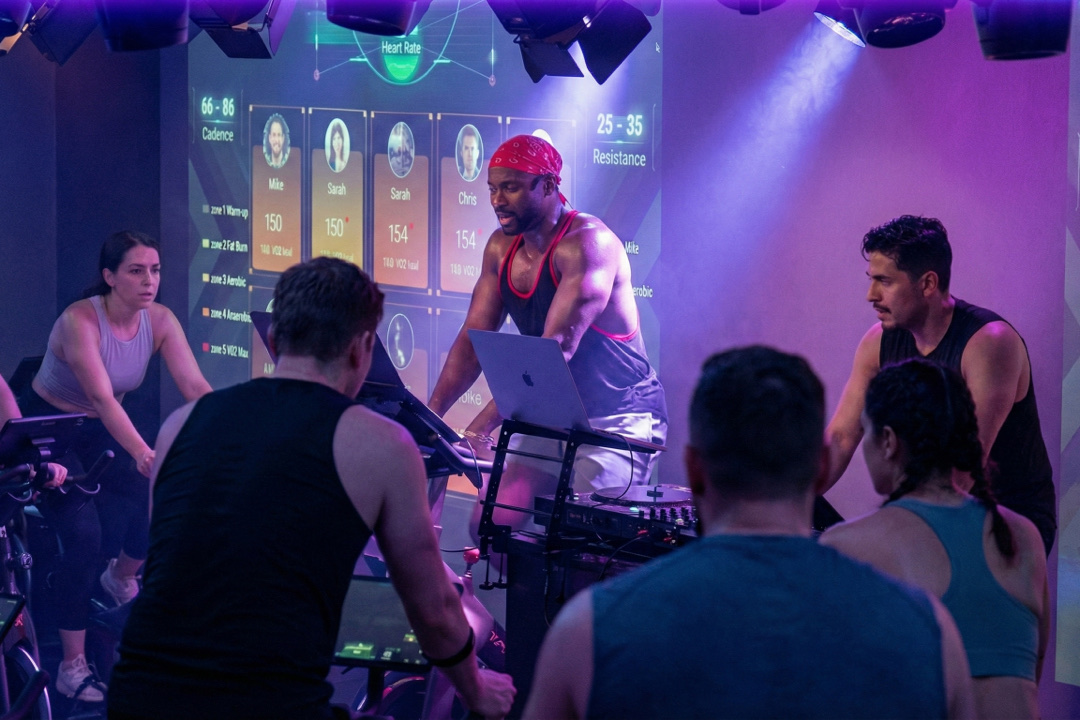 Club-Style Cycling Party - Professional, energetic party hosts—channeling the vibe of top nightclub DJs—lea...
